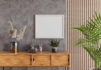 3D mockup photo frame with houseplant in living room rendering
