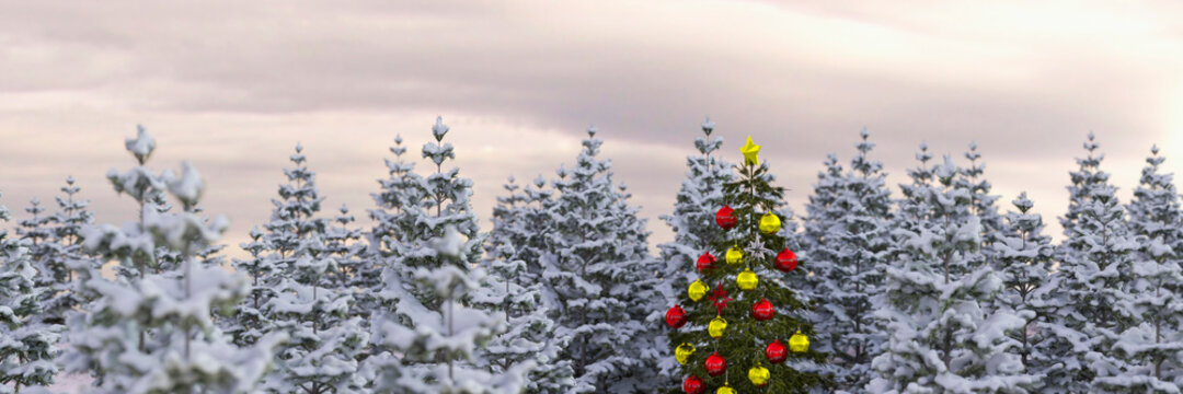 Single decorated Christmas tree in a snowy pine forest at sunrise 3d render