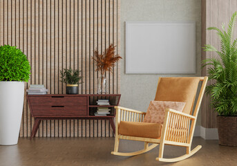 3D mockup photo frame with houseplant in living room rendering