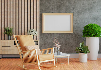 3D mockup photo frame with houseplant in living room rendering
