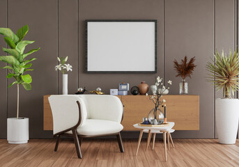 3D mockup photo frame with houseplant in living room rendering