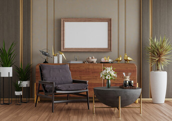 3D mockup photo frame with houseplant in living room rendering