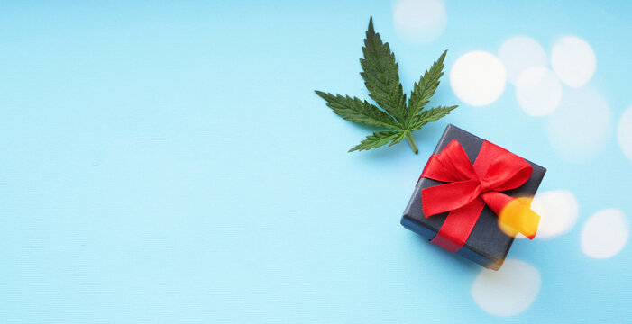 Gift box with cannabis leaf. Marijuana Christmas banner. Copy space. CBD products 