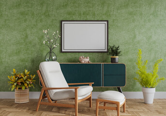 3D mockup photo frame with houseplant in living room rendering