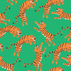 Fototapeta na wymiar Seamless pattern attacking tiger on green background. Wild Cat predator orange and black vector modern flat style background
