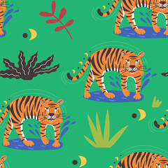 Fototapeta na wymiar Seamless Tropical Tiger Water Pattern. Wild Cat predator orange and black vector modern flat style background