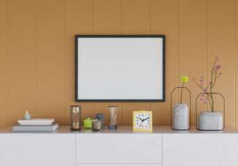 3D mockup photo frame with houseplant in living room rendering