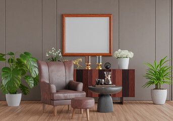 3D mockup photo frame with houseplant in living room rendering