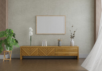 3D mockup photo frame with houseplant in living room rendering