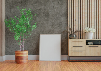 3D mockup photo frame with houseplant in living room rendering