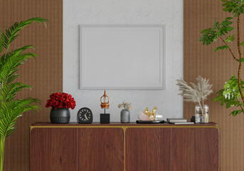 3D mockup photo frame with houseplant in living room rendering