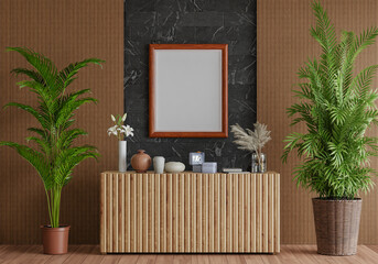 3D mockup photo frame with houseplant in living room rendering