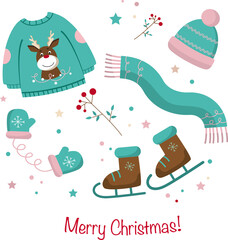 Christmas and New Year collection of  winter elements. Hand drawn vector illustration