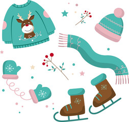 Christmas and New Year collection of  winter elements. Hand drawn vector illustration
