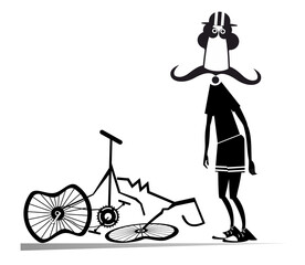 Cyclist and a broken bike isolated illustration.
Sad long mustache man standing near a broken bike with downcast hands black on white background
