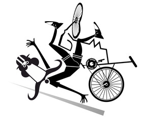 Cyclist falling down from the bicycle isolated illustration. Cartoon long mustache man falling down from the bicycle black on white background
