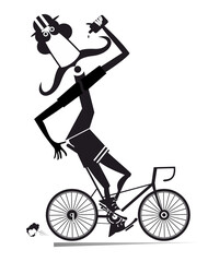 Obraz premium Cyclist rides a bike and drinks water isolated illustration. Cartoon long mustache man in helmet rides a bike and drinks beverage black on white background