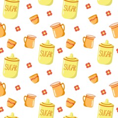 Seamless pattern with Yellow sugar bowl, Orange pitcher, Bowl with patterns in cartoon modern style. Ceramic kitchenware Print for design tablecloth, clothes, pillows.