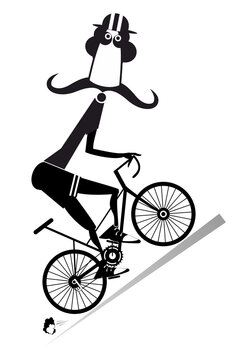 Tired cyclist rides a bike isolated illustration. 
Tired cartoon long mustache man in helmet overcomes a steep ascent black on white background
