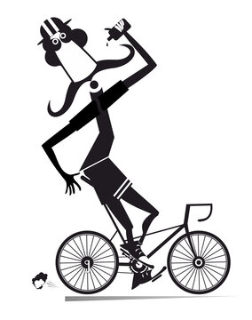 Cyclist rides a bike and drinks water isolated illustration. Cartoon long mustache man in helmet rides a bike and drinks beverage black on white background