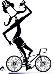 Cyclist rides a bike and drinks water isolated illustration. Cartoon long mustache man in helmet rides a bike and drinks beverage black on white background