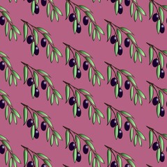 Vegetable seamless pattern, olive branches with green leaves on a pink background