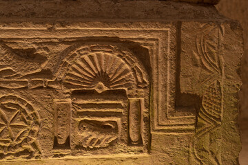 Sarcophagus with Ark of the Covenant carved relief in the Cave of the coffins at Bet She'arim in Kiryat Tivon, Israel catacombs with sarcophagi
