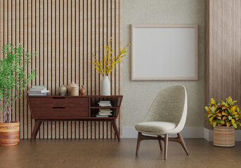 3D mockup photo frame with houseplant in living room rendering