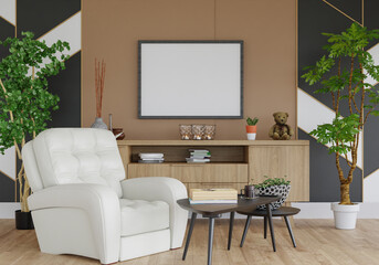 3D mockup photo frame with houseplant in living room rendering