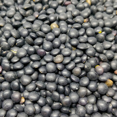 Detail squared photo of black lentils. Tasty ingredient full of protein, vitamins, and minerals.