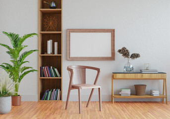 3D mockup photo frame with houseplant in living room rendering