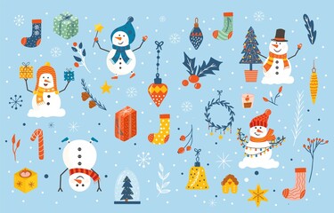 Vector set of cozy Christmas decorations with snowmen Bundle santa and  gingerbread cookies, gifts, socks, fir tree. Kids illustration. Scrapbook trendy collection