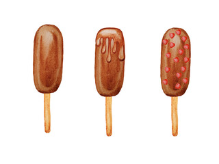 Set of chocolate ice cream on a stick. Watercolor hand drawn illustration of dessert. Children's cute design of sweets for party, cards, invitations, pastry, menu, print, logo, background