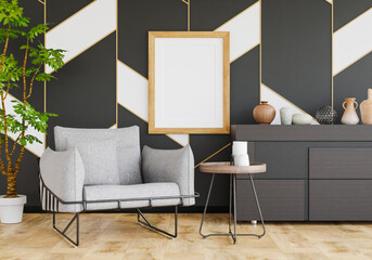 3D mockup photo frame with houseplant in living room rendering