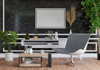 3D mockup photo frame with houseplant in living room rendering