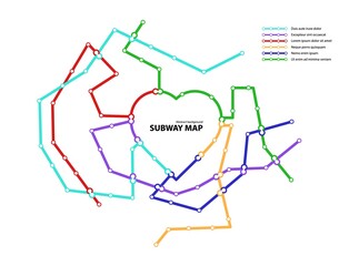 Obraz premium Subway map. Template of fictional town public transport scheme for underground transition road. Metro or bus abstract traffic pattern with circular heart shape color routes. Vector card illustration