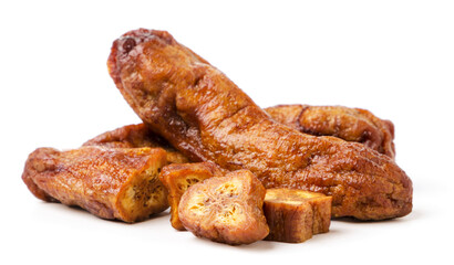 A pile of dried banana whole and slices on a white background. Isolated