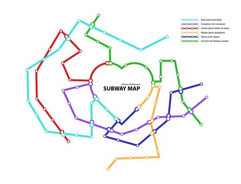 Subway map. Template of fictional town public transport scheme for underground transition road. Metro or bus abstract traffic pattern with circular heart shape color routes. Vector card illustration