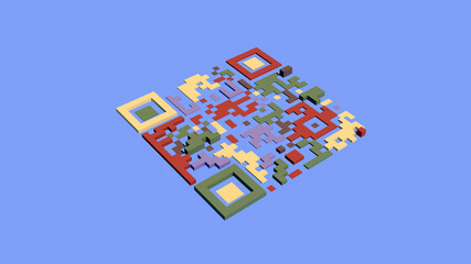 3d render of colorful QR code sign in center.