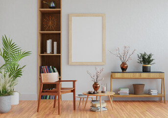 3D mockup photo frame with houseplant in living room rendering