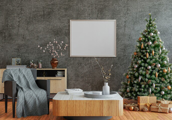 3D mockup photo frame with christmas tree  in living room