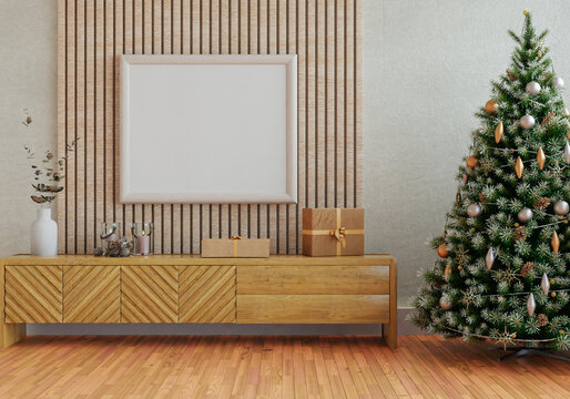 3D mockup photo frame with christmas tree  in living room