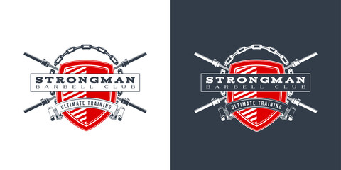 logo athletic club for bodybuilding, powerlifting, weightlifting, crossfit and fitness training. Barbell club logo vintage design isolated on background. Emblem for gym and heavy training of strongman