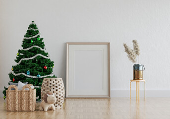 3D mockup photo frame with christmas tree  in living room