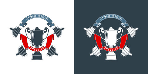 logo athletic club for bodybuilding, powerlifting, weightlifting, crossfit and fitness training. Barbell club logo vintage design isolated on background. Emblem for gym and heavy training of strongman
