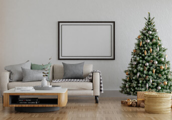 3D mockup photo frame with christmas tree  in living room