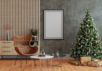 3D mockup photo frame with christmas tree  in living room