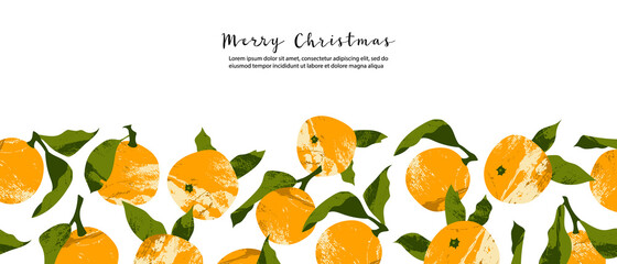 Christmas banner with fresh citrus fruit: mandarin, tangerine, orange, clementine. Winter or summer decoration. Xmas mood. Xmas and New 2022 Year. Vector flat cartoon illustration - 467201290