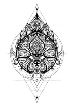 Lotus, Eye, Sacred Geometry. Ayurveda symbol of harmony and balance, and universe. Tattoo flesh design, yoga logo. Boho print, poster, t-shirt textile. Anti stress book. Isolated vector illustration..