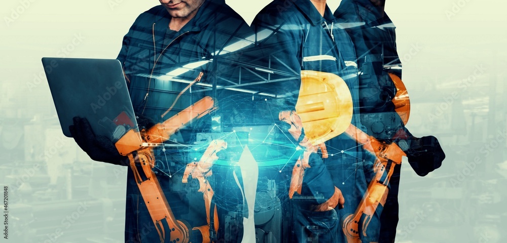 Poster mechanized industry robot arm and factory worker double exposure . concept of robotics technology fo